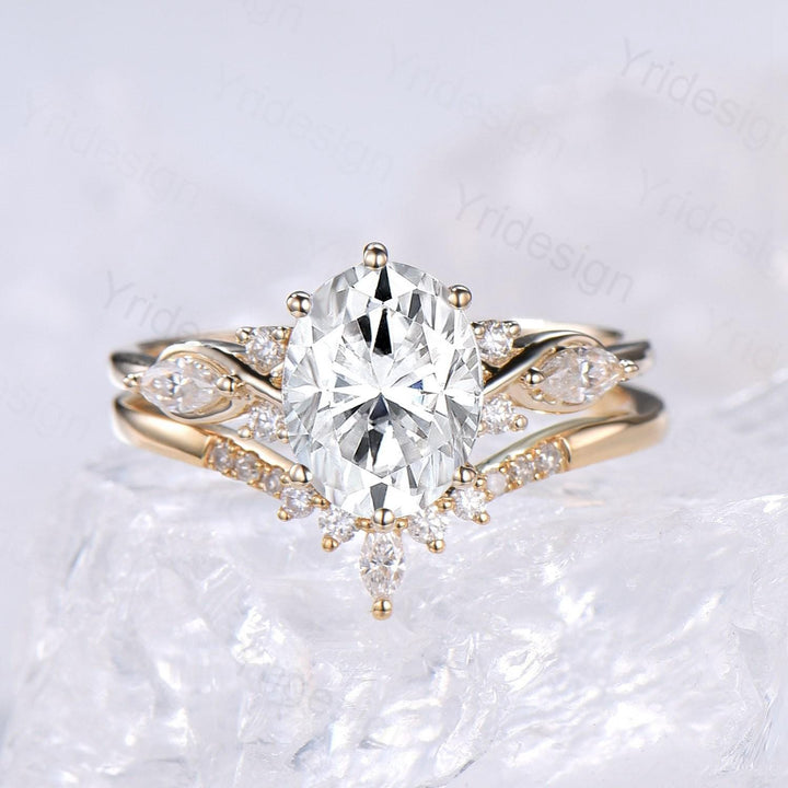 2 Carat oval cut Moissanite Engagement Ring Set, Solid 14K yellow gold VS-D flawless moissanite ring women, Vintage seven stone bridal set - PENFINE