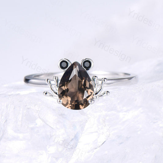 Vintage Frog smoky quartz engagement ring Animal inspired pear shaped brown quartz wedding ring for women dainty anniversary ring for girl - PENFINE