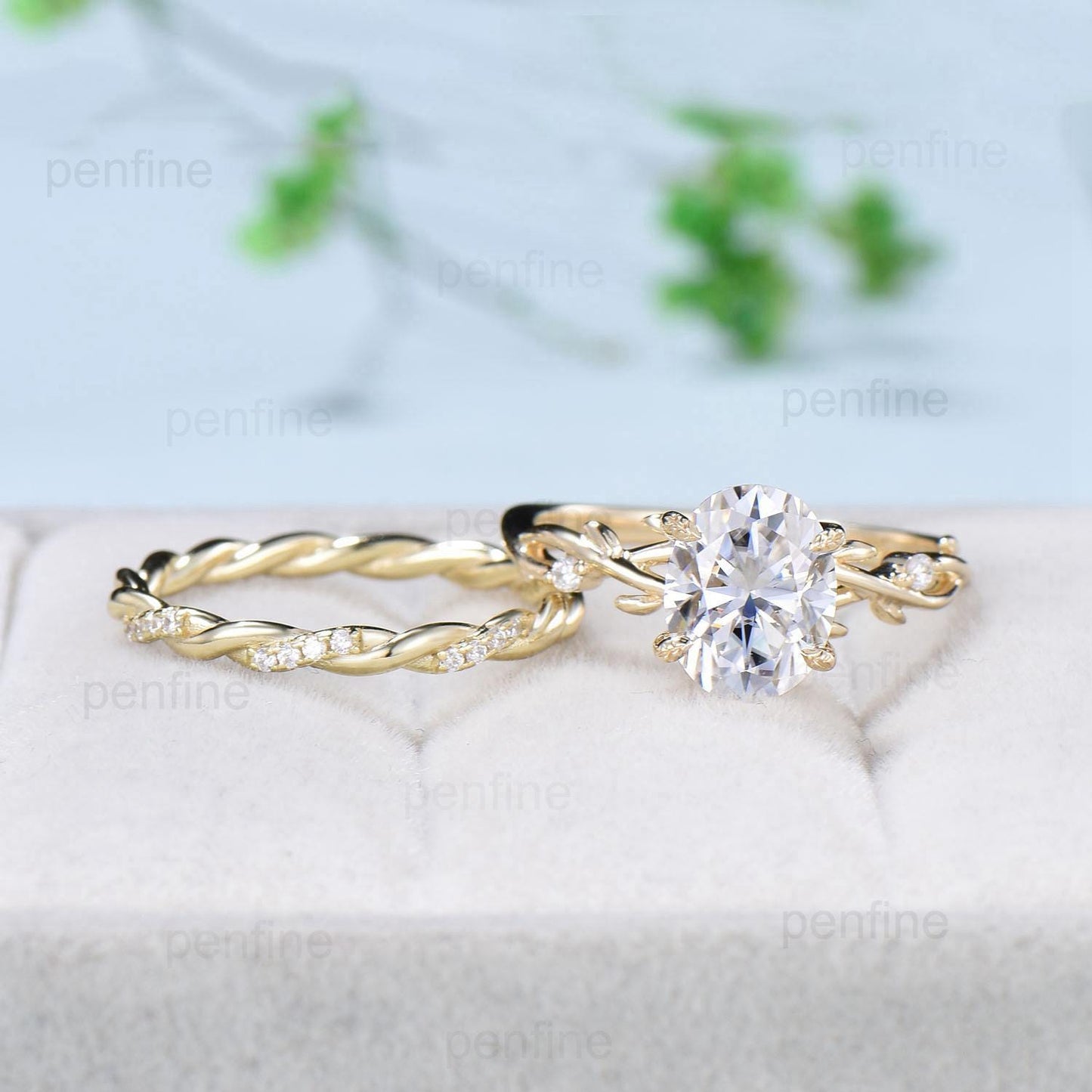 Leaves Prong oval moissanite engagement ring set, twig lab grown diamond wedding ring set,14k yellow gold salt and pepper diamond bridal set - PENFINE