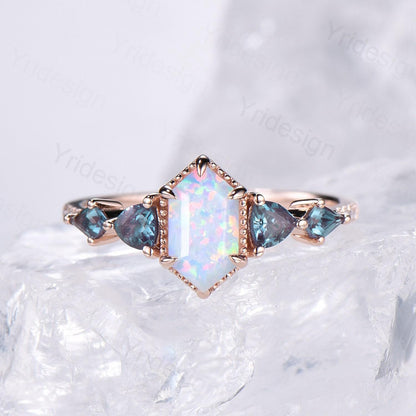 Vintage long hexagon opal engagement ring rose gold triangle kite alexandrite  fire opal wedding ring rose gold October birthstone ring gift - PENFINE