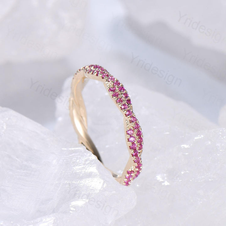 Solid 14k yellow gold ruby wedding band, twisted shape full eternity ruby wedding ring, retro stackable band engagement anniversary gift - PENFINE