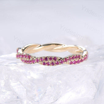 Solid 14k yellow gold ruby wedding band, twisted shape full eternity ruby wedding ring, retro stackable band engagement anniversary gift - PENFINE