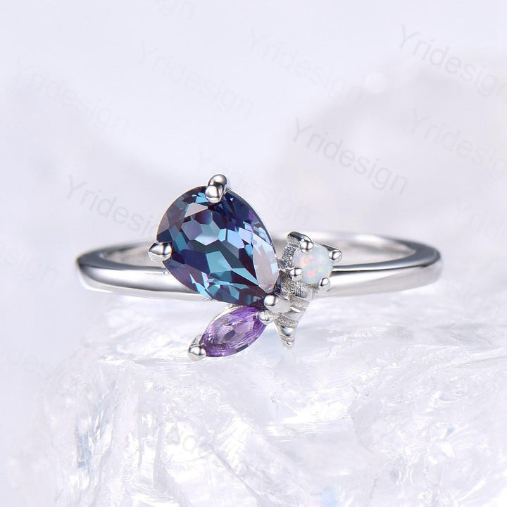 Unique Bee Ring, Pear Shaped Alexandrite Engagement Ring, Three Stone Color Change Wedding Ring For Women, Marquise Cut Amethyst Opal Band - PENFINE