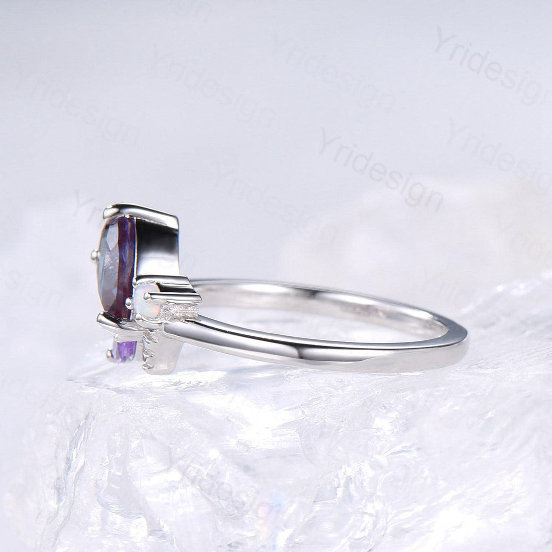 Unique Bee Ring, Pear Shaped Alexandrite Engagement Ring, Three Stone Color Change Wedding Ring For Women, Marquise Cut Amethyst Opal Band - PENFINE