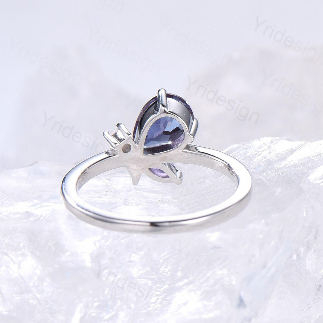 Unique Bee Ring, Pear Shaped Alexandrite Engagement Ring, Three Stone Color Change Wedding Ring For Women, Marquise Cut Amethyst Opal Band - PENFINE