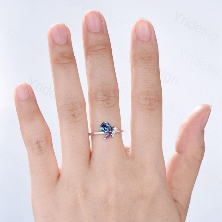 Unique Bee Ring, Pear Shaped Alexandrite Engagement Ring, Three Stone Color Change Wedding Ring For Women, Marquise Cut Amethyst Opal Band - PENFINE