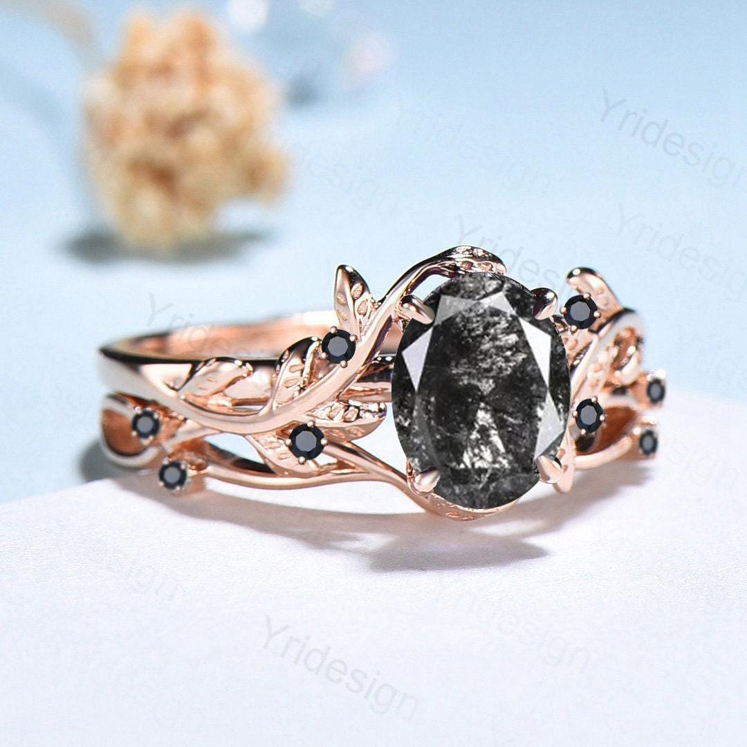 Unique salt and pepper diamond engagement ring set Nature Inspired black spinel wedding ring vintage leaf vine bridal ring set for women - PENFINE