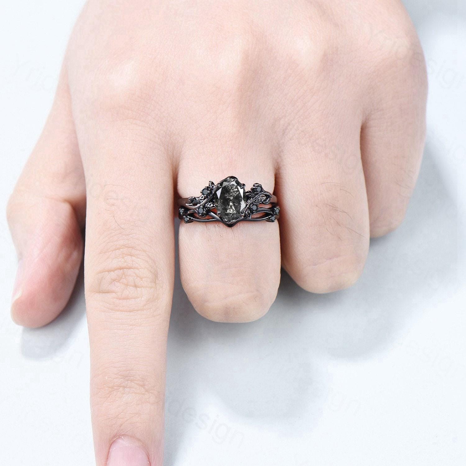 Unique salt and pepper diamond engagement ring set Nature Inspired black spinel wedding ring vintage leaf vine bridal ring set for women - PENFINE