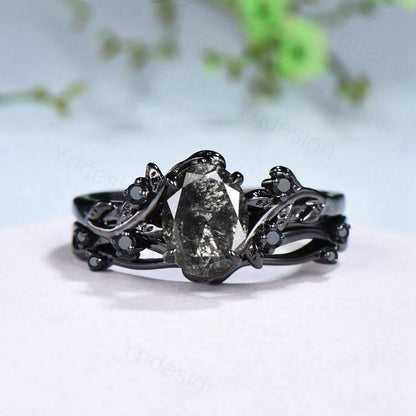 Unique salt and pepper diamond engagement ring set Nature Inspired black spinel wedding ring vintage leaf vine bridal ring set for women - PENFINE