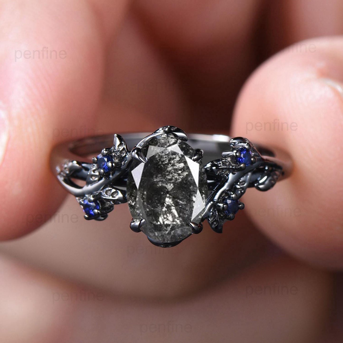 Nature Inspired salt and pepper diamond engagement ring Unique 14K black gold twig engagement ring cluster sapphire wedding ring for women - PENFINE