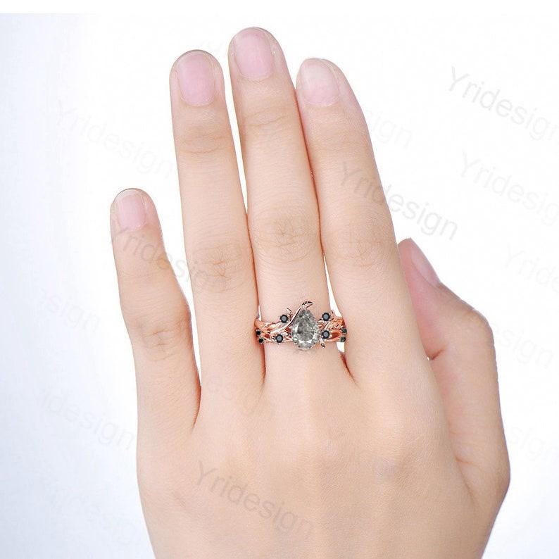 Vintage salt pepper diamond engagement ring pear shaped leaf branch pepper wedding ring set unique nature inspired promise ring for women