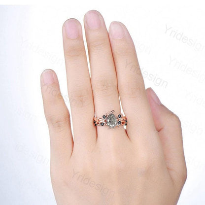 Vintage salt pepper diamond engagement ring pear shaped leaf branch pepper wedding ring set unique nature inspired promise ring for women - PENFINE