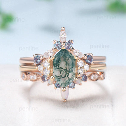 Vintage Long Hexagon Natural Green Moss Agate Engagement Ring Set Unique 14k Rose Gold Cluster Moissanite Wedding Ring Set Ring for Women - PENFINE