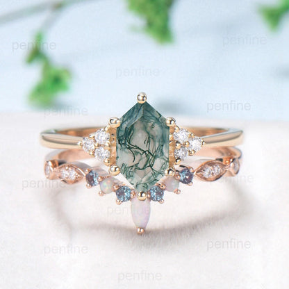 Vintage Long Hexagon Natural Green Moss Agate Engagement Ring Set Unique 14k Rose Gold Cluster Moissanite Wedding Ring Set Ring for Women - PENFINE