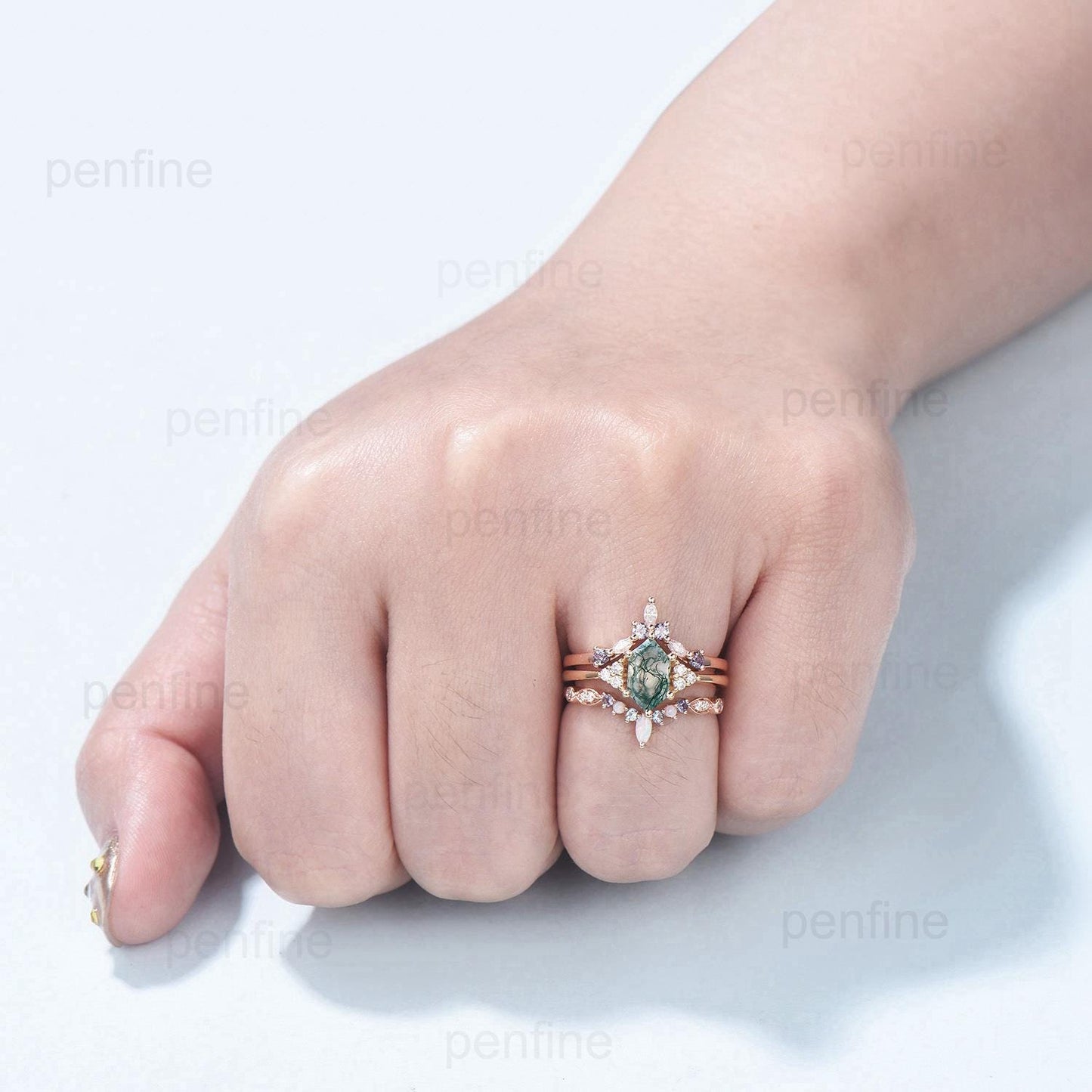 Vintage Long Hexagon Natural Green Moss Agate Engagement Ring Set Unique 14k Rose Gold Cluster Moissanite Wedding Ring Set Ring for Women - PENFINE