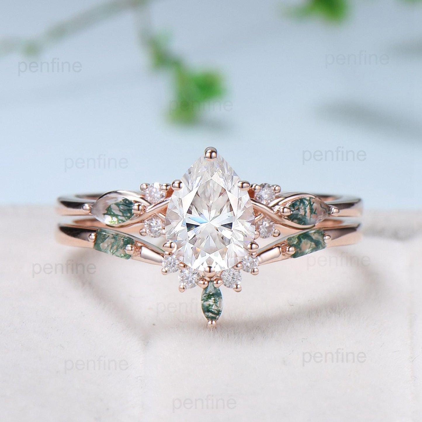 Vintage Pear Shaped Moissanite Engagement Ring Set Unique 14k Rose Gold Marquise Green Moss Agate Wedding Ring Set Vine Bridal Set Women - PENFINE