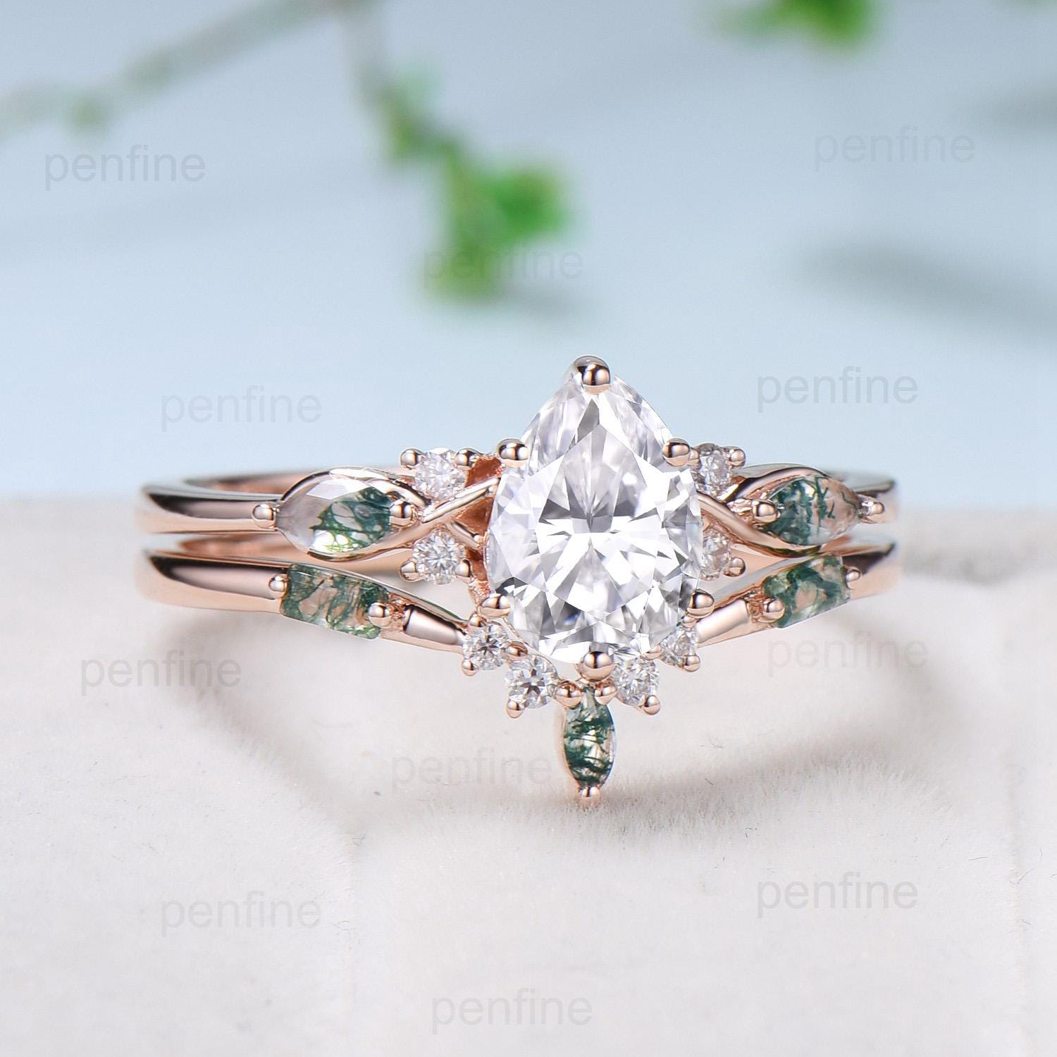 Vintage Pear Shaped Moissanite Engagement Ring Set Unique 14k Rose Gold Marquise Green Moss Agate Wedding Ring Set Vine Bridal Set Women - PENFINE