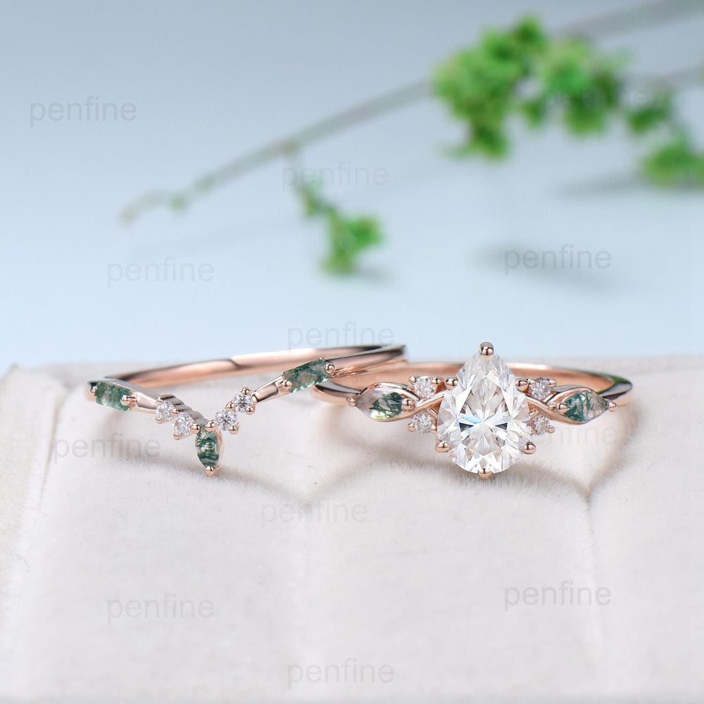 Vintage Pear Shaped Moissanite Engagement Ring Set Unique 14k Rose Gold Marquise Green Moss Agate Wedding Ring Set Vine Bridal Set Women - PENFINE