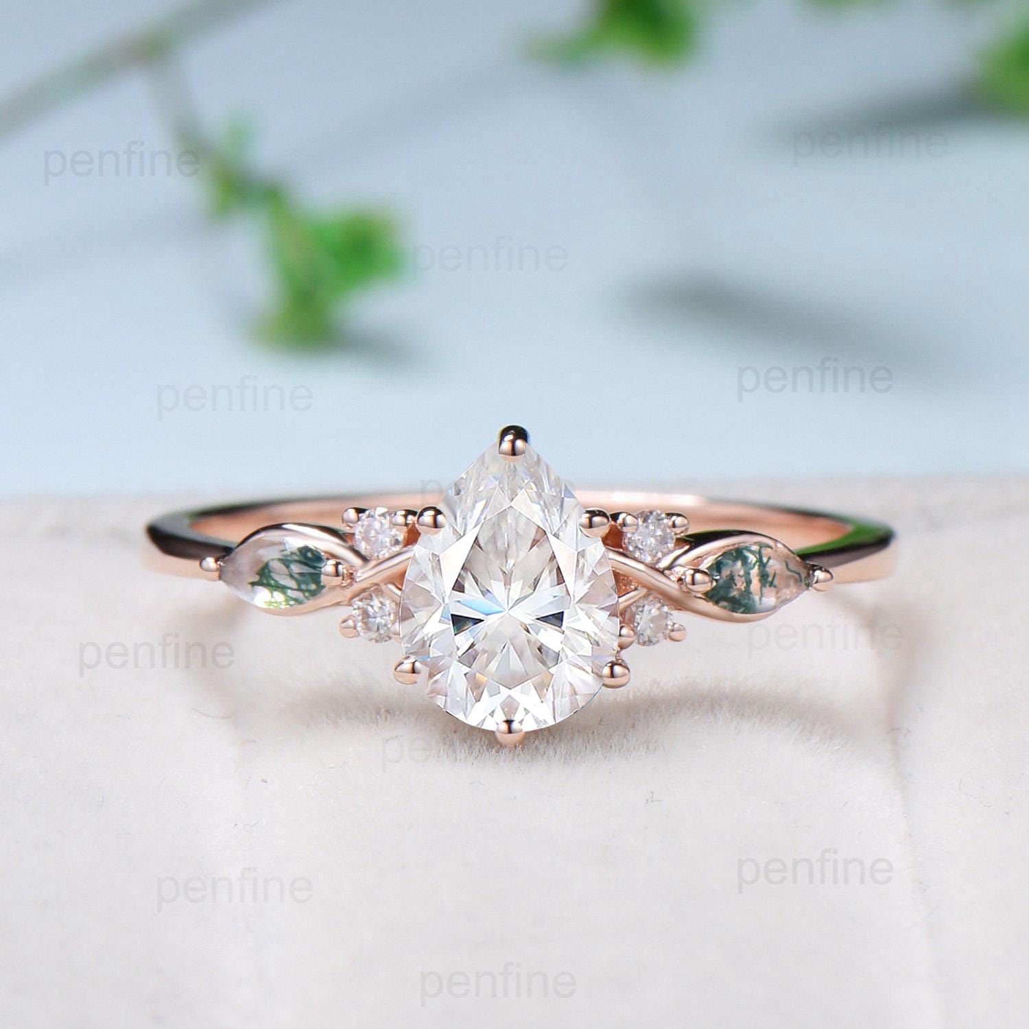 Vintage Pear Shaped Moissanite Engagement Ring Set Unique 14k Rose Gold Marquise Green Moss Agate Wedding Ring Set Vine Bridal Set Women - PENFINE