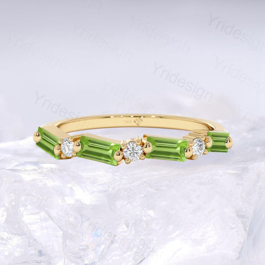 Vintage Peridot Eternity Wedding Band Women Unique Baguette August Birthstone Stackable Ring Delicate Matching Band Anniversary Gift for Mom - PENFINE