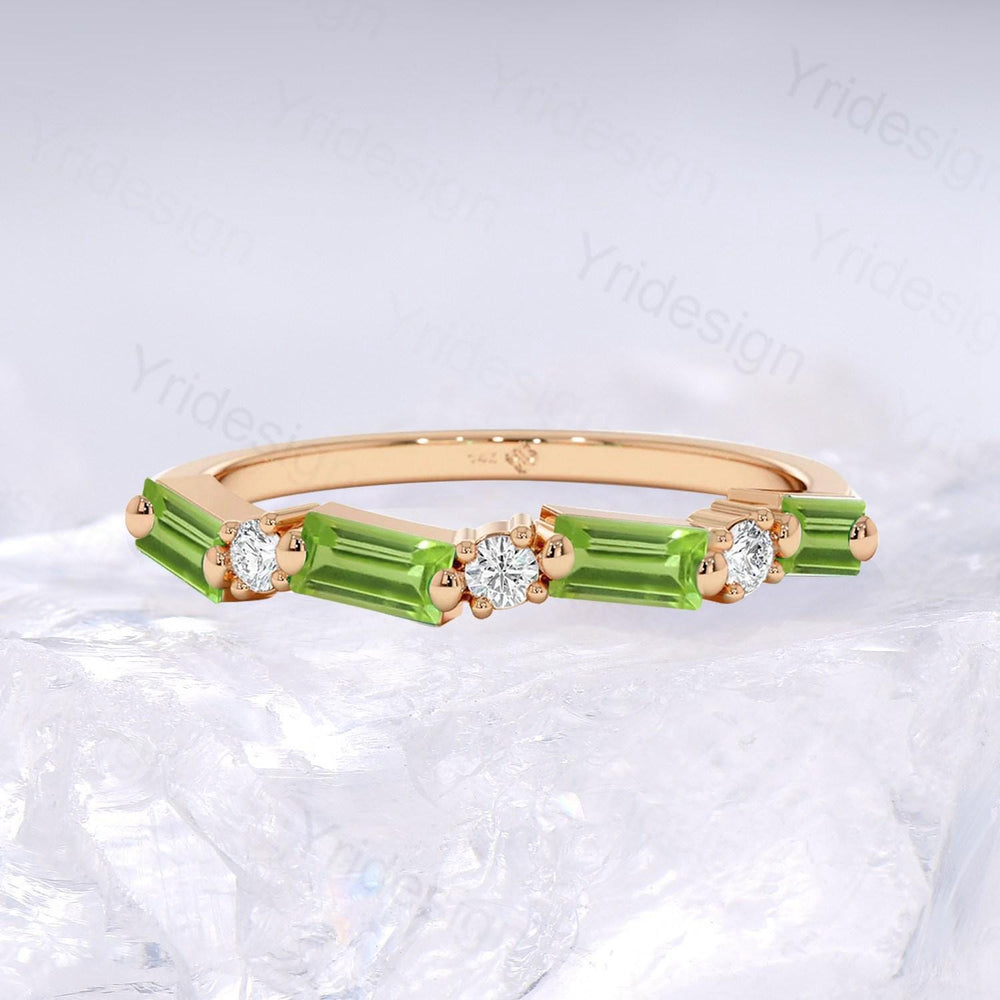 Vintage Peridot Eternity Wedding Band Women Unique Baguette August Birthstone Stackable Ring Delicate Matching Band Anniversary Gift for Mom - PENFINE