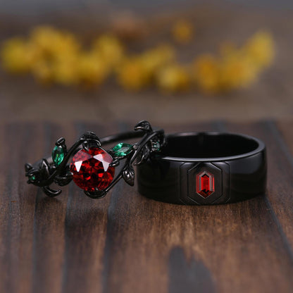 Gothic Red Garnet Engagement Ring Set: Black Gold Leaf Band