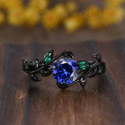 Vintage Blue Sapphire Couples Ring Set: Black Gold Wedding Bands
