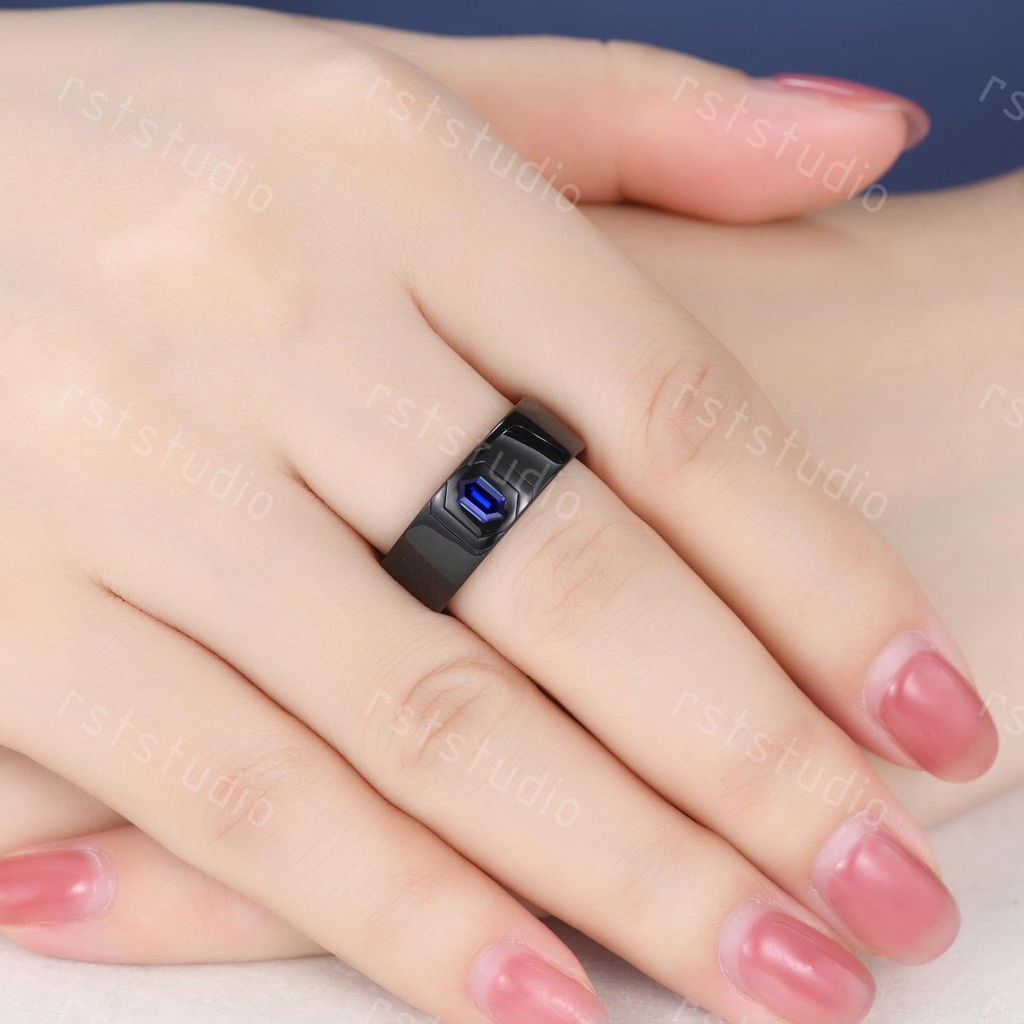 Vintage Blue Sapphire Couples Ring Set: Black Gold Wedding Bands