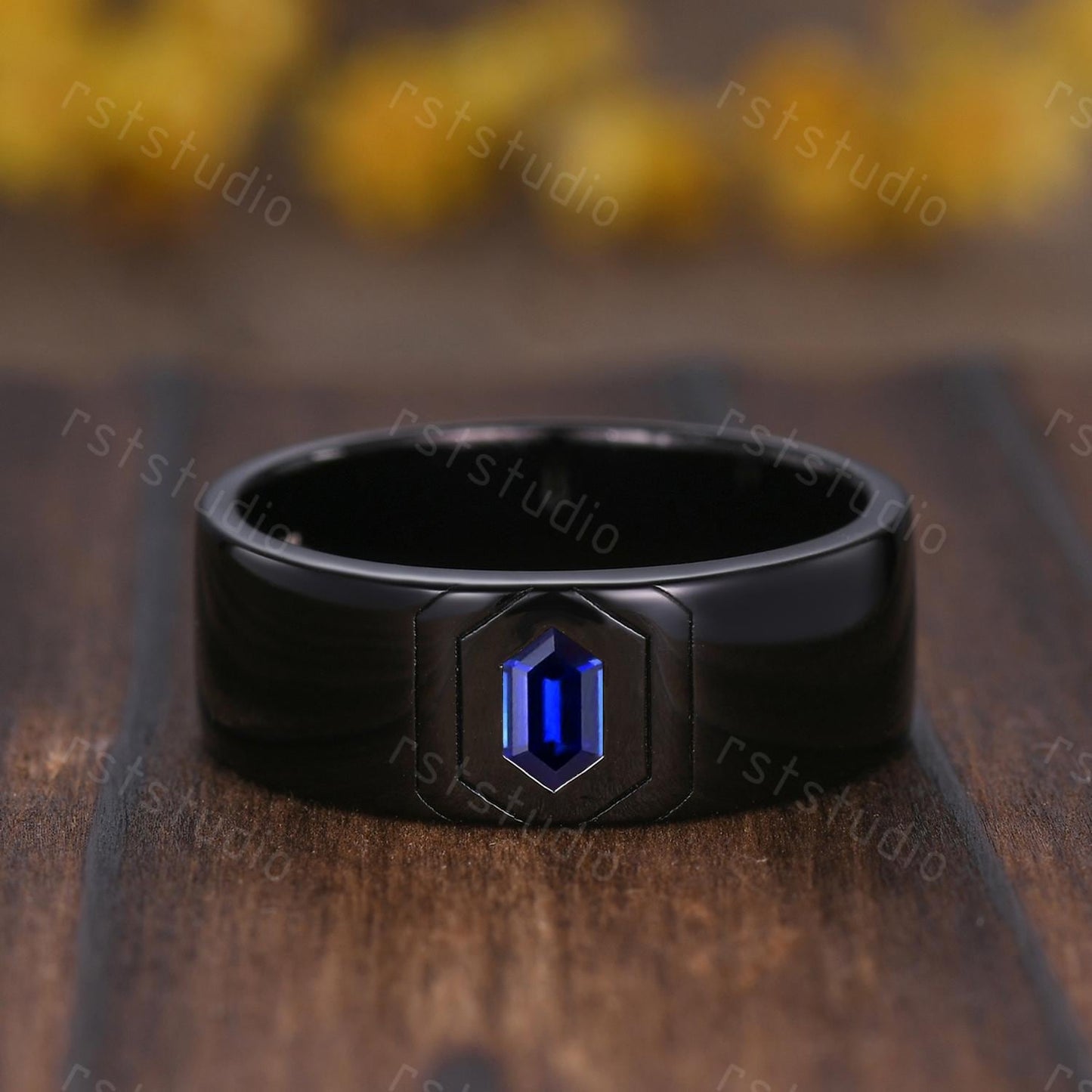 Vintage Blue Sapphire Couples Ring Set: Black Gold Wedding Bands