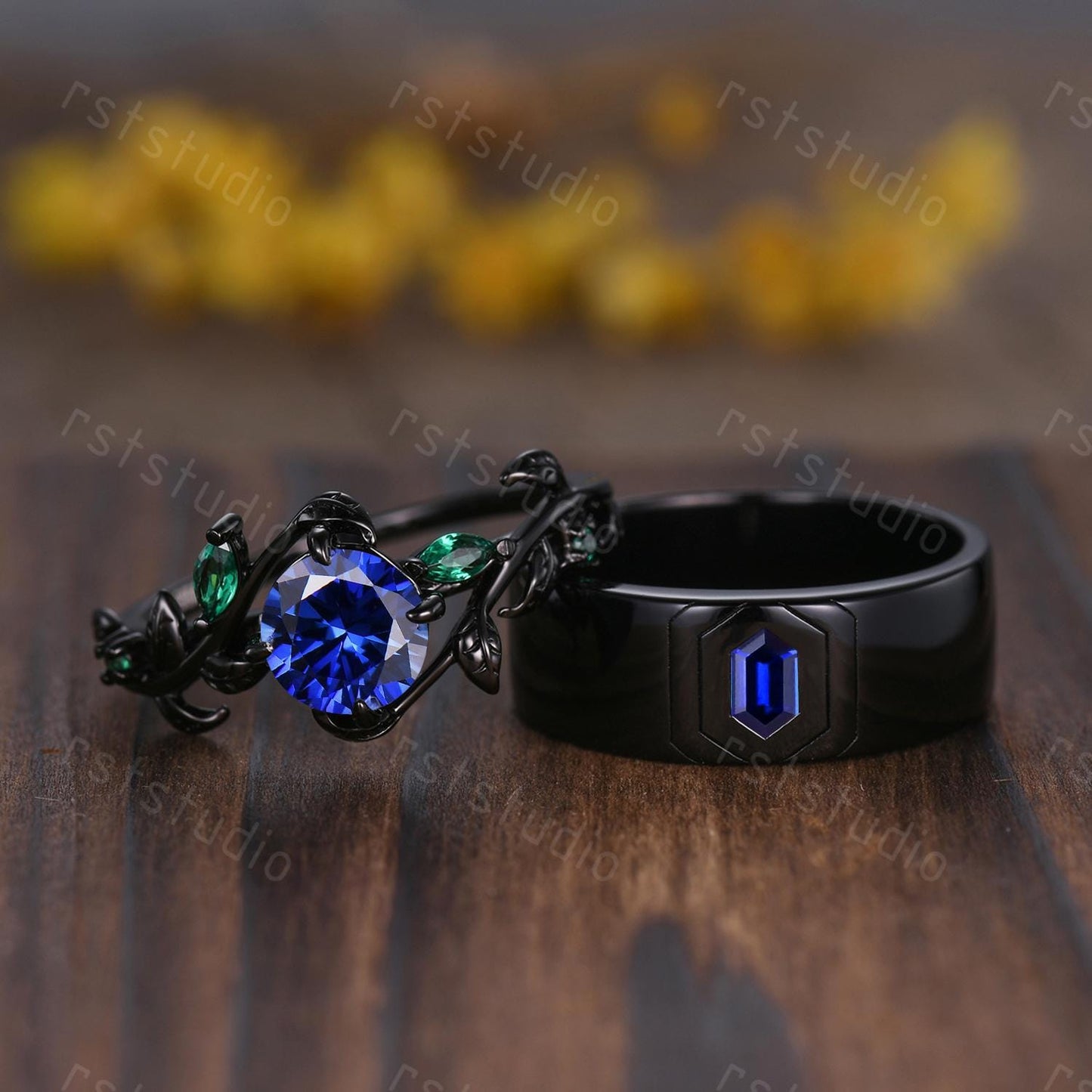 Vintage Blue Sapphire Couples Ring Set: Black Gold Wedding Bands