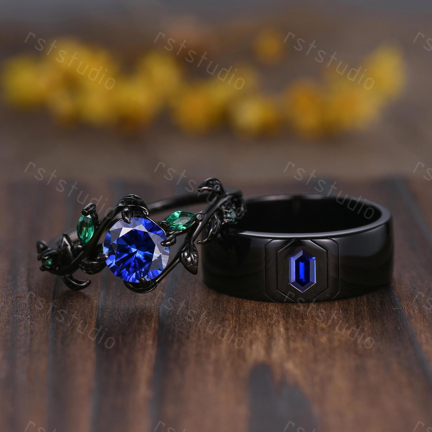 Vintage Blue Sapphire Couples Ring Set: Black Gold Wedding Bands
