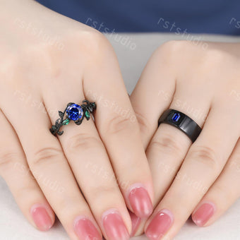 Vintage Blue Sapphire Couples Ring Set: Black Gold Wedding Bands