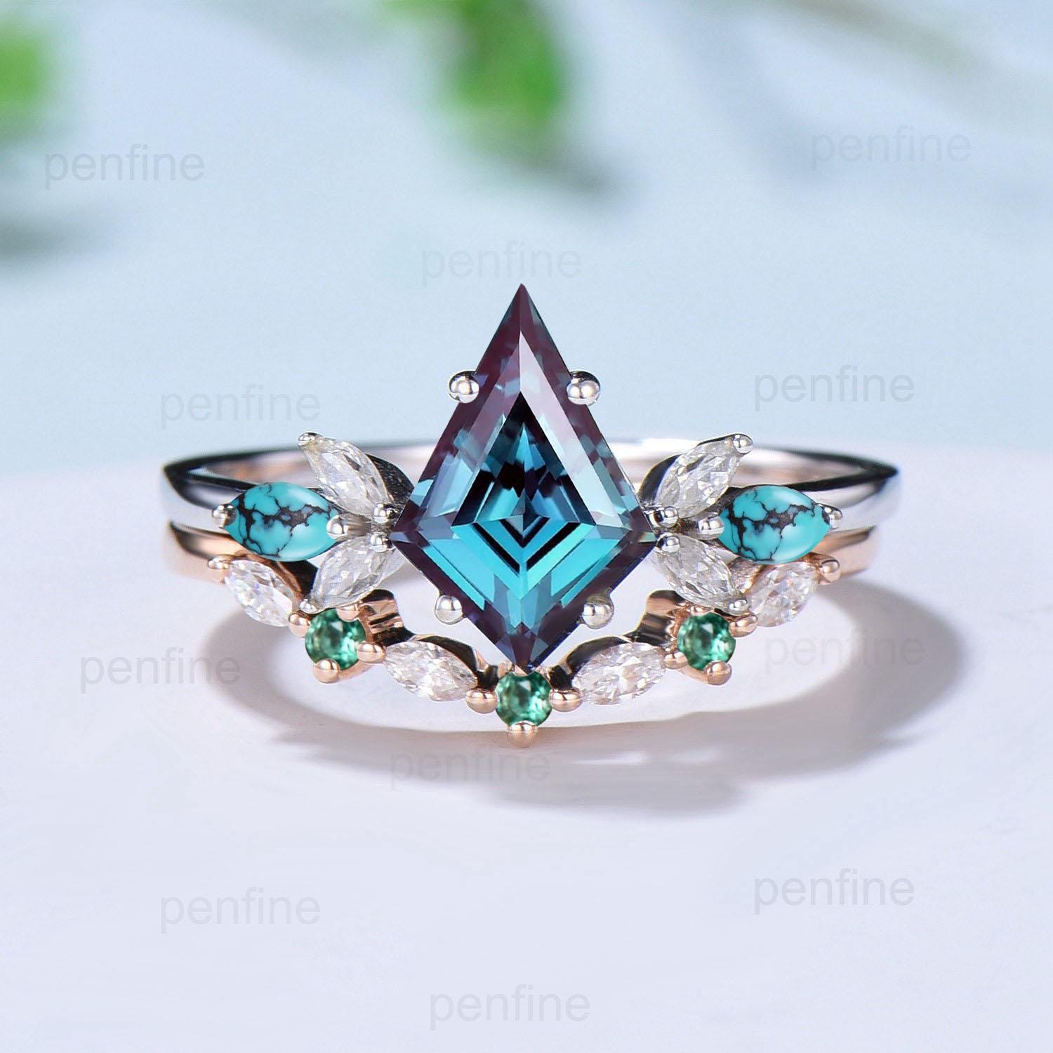 Vintage Kite cut alexandrite engagement ring set art deco marquise turquoise bridal wedding ring set women emerald anniversary stacking ring - PENFINE