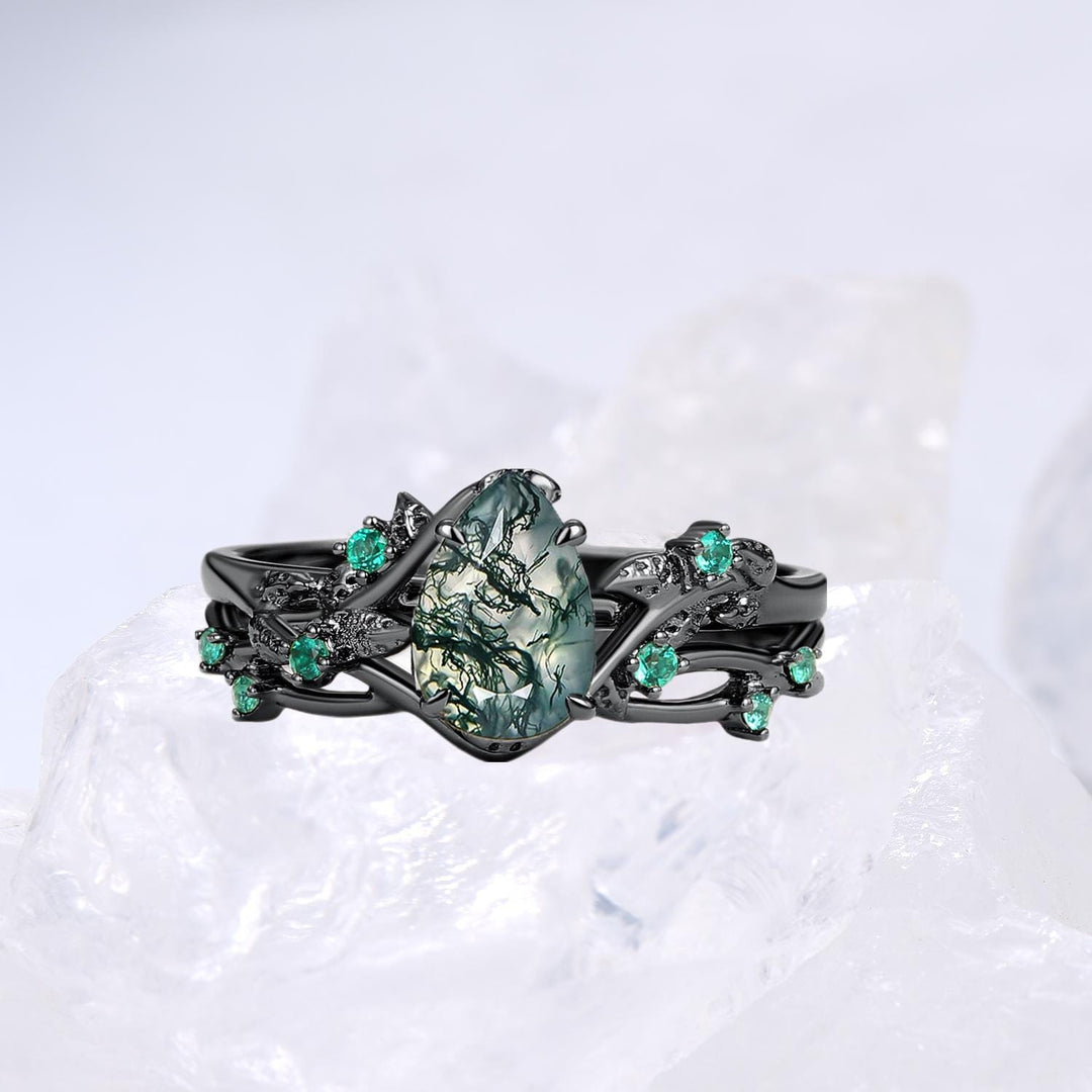 Black gold pear shaped moss agate wedding ring set, Nature inspired green agate twig vine engagement ring set, Leafy bridal ring set for her - PENFINE