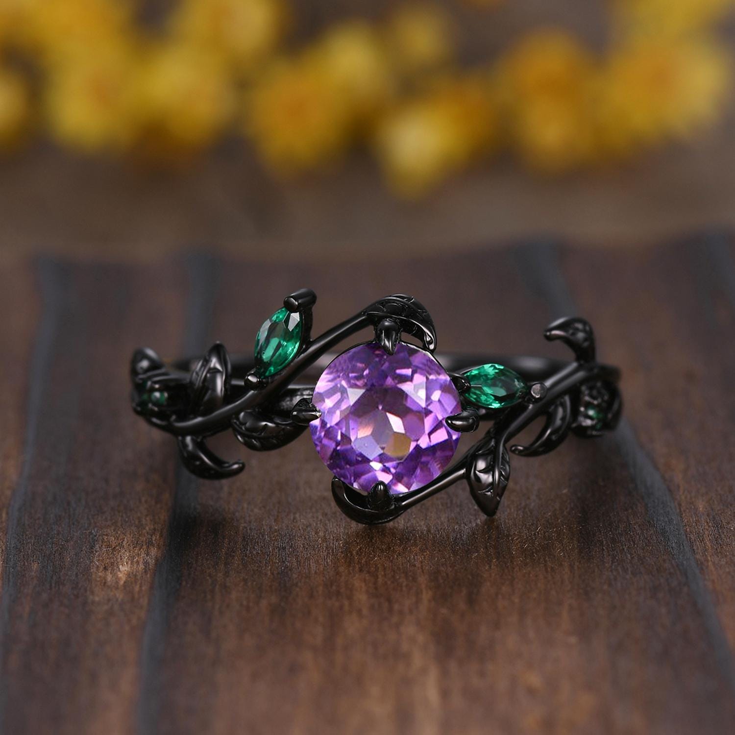 Gothic Hexagon Amethyst Wedding Ring Set: Black Gold Promise Rings