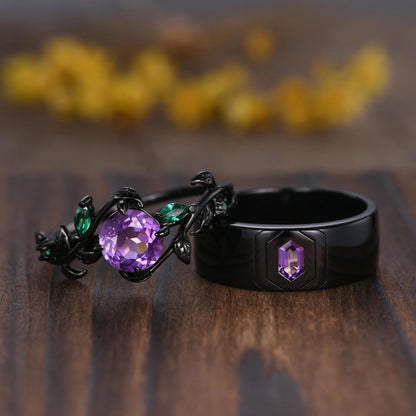 Gothic Hexagon Amethyst Wedding Ring Set: Black Gold Promise Rings