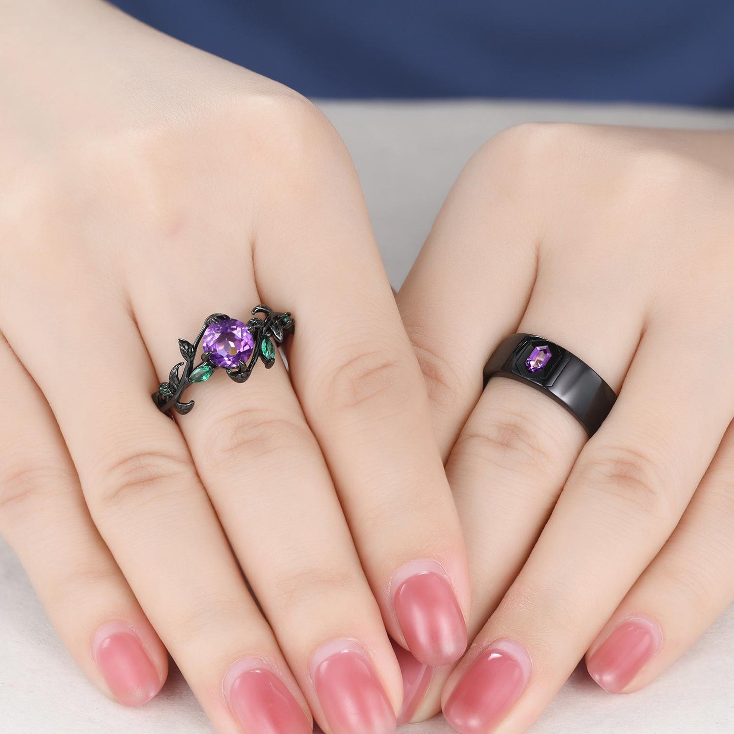 Gothic Hexagon Amethyst Wedding Ring Set: Black Gold Promise Rings