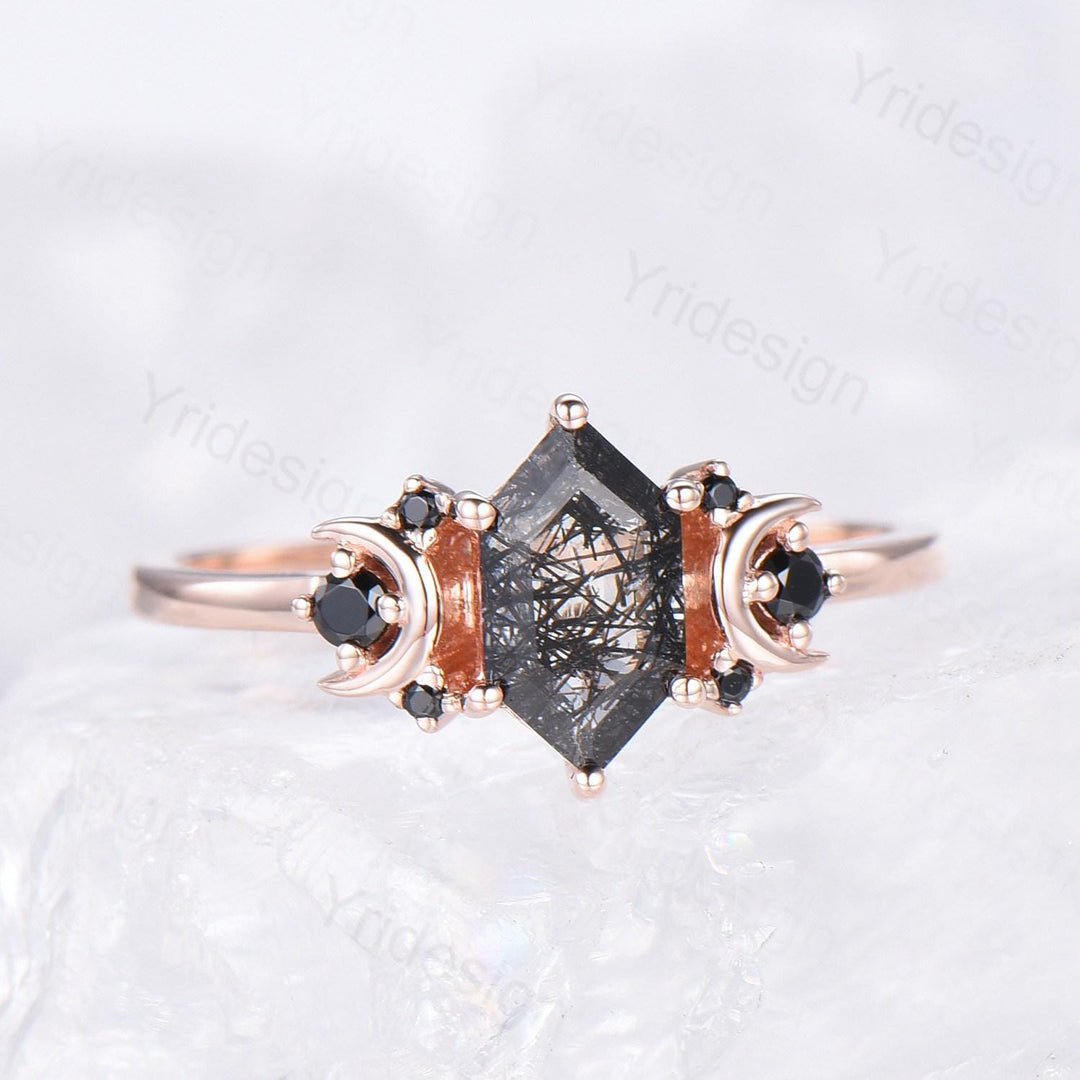 Moon style engagement ring, Long hexagon cut black rutilated quartz ring rose gold cluster black spinel wedding ring, women anniversary gift - PENFINE