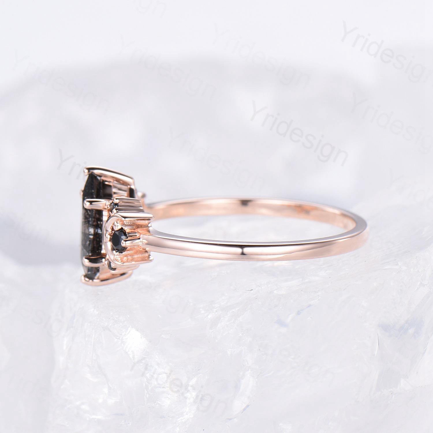 Moon style engagement ring, Long hexagon cut black rutilated quartz ring rose gold cluster black spinel wedding ring, women anniversary gift - PENFINE