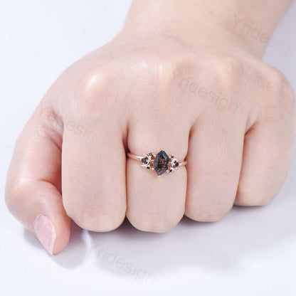 Moon style engagement ring, Long hexagon cut black rutilated quartz ring rose gold cluster black spinel wedding ring, women anniversary gift - PENFINE