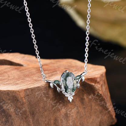 Moss Agate Leaf Vine Pendant Necklace, Nature Inspired