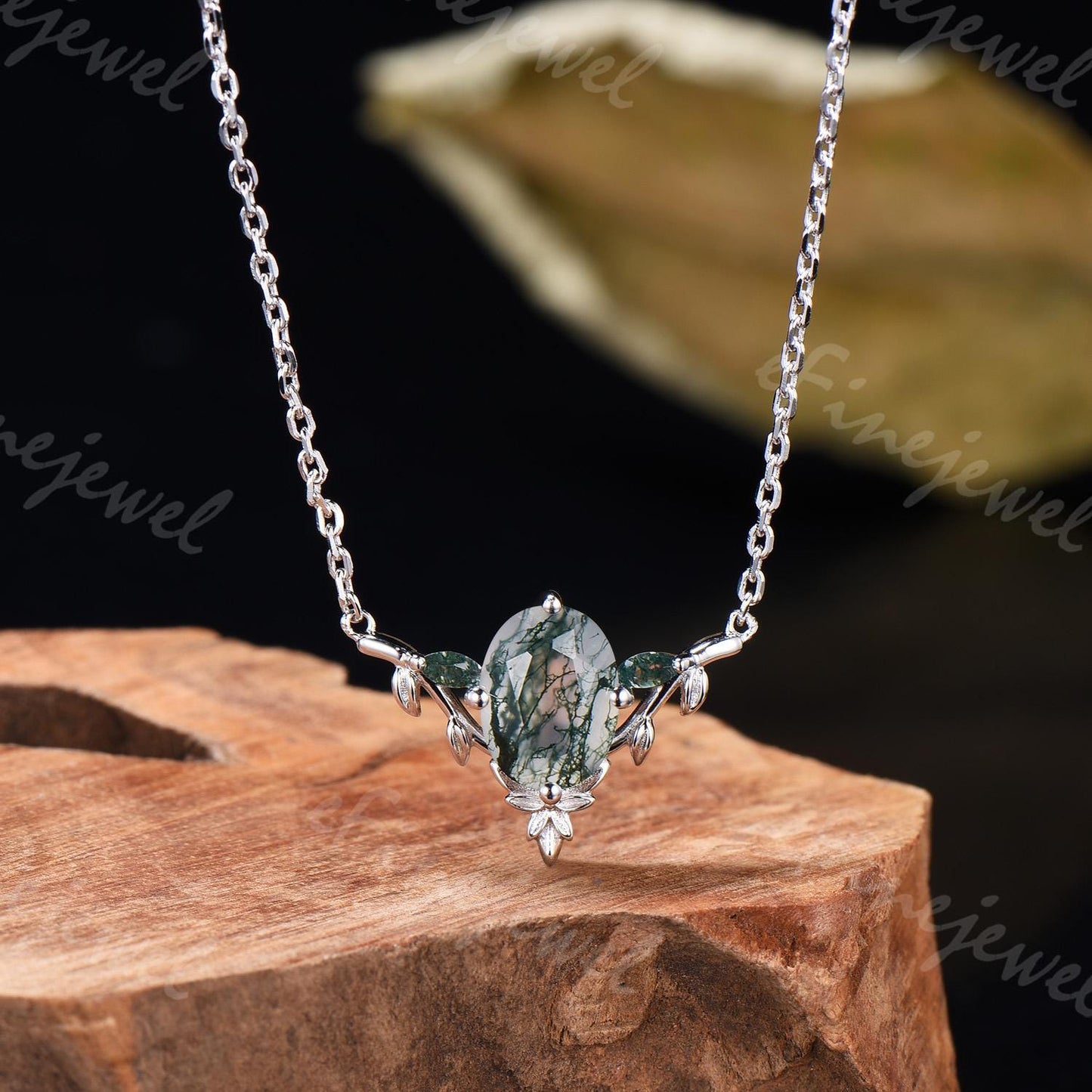 Moss Agate Leaf Vine Pendant Necklace, Nature Inspired