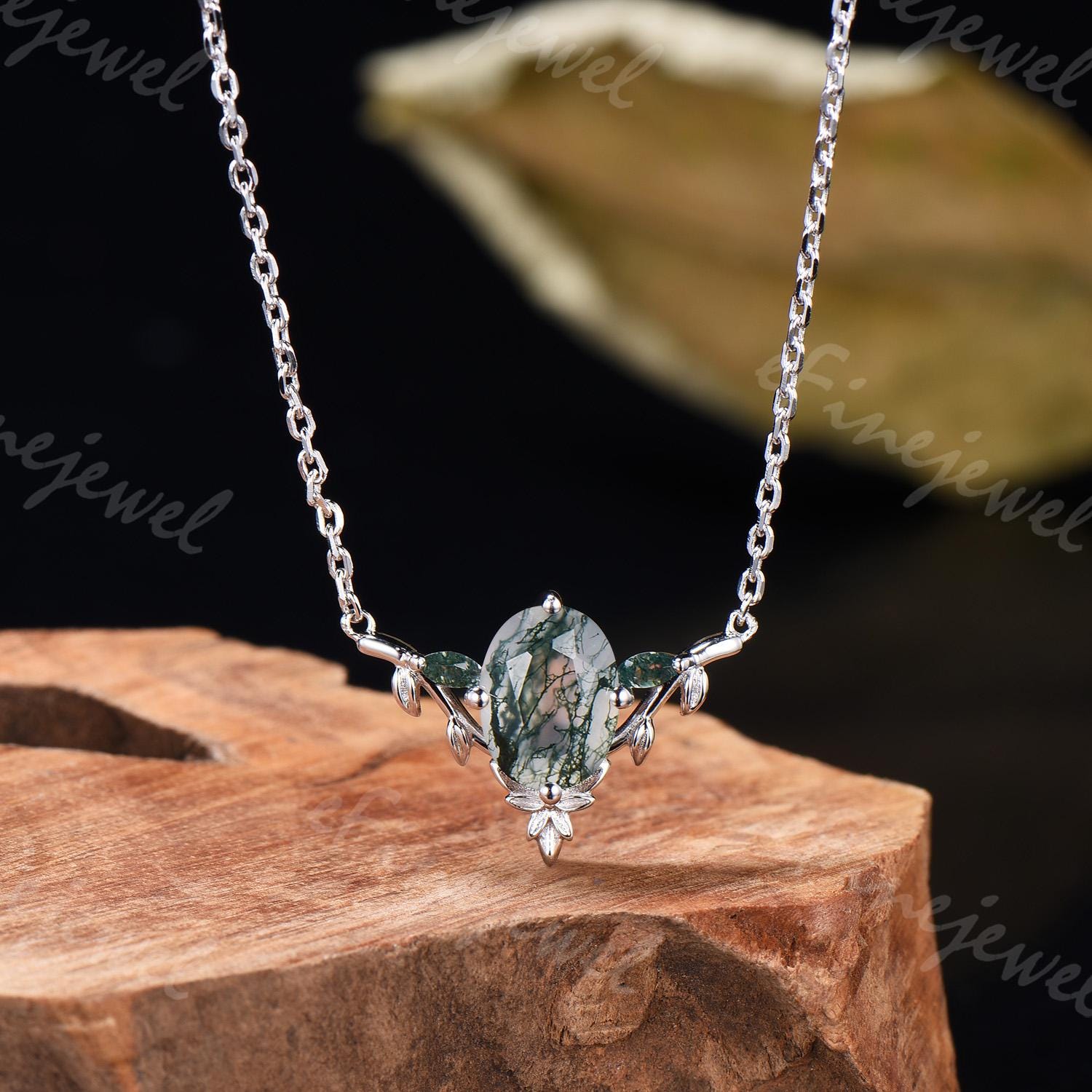 Moss Agate Leaf Vine Pendant Necklace, Nature Inspired