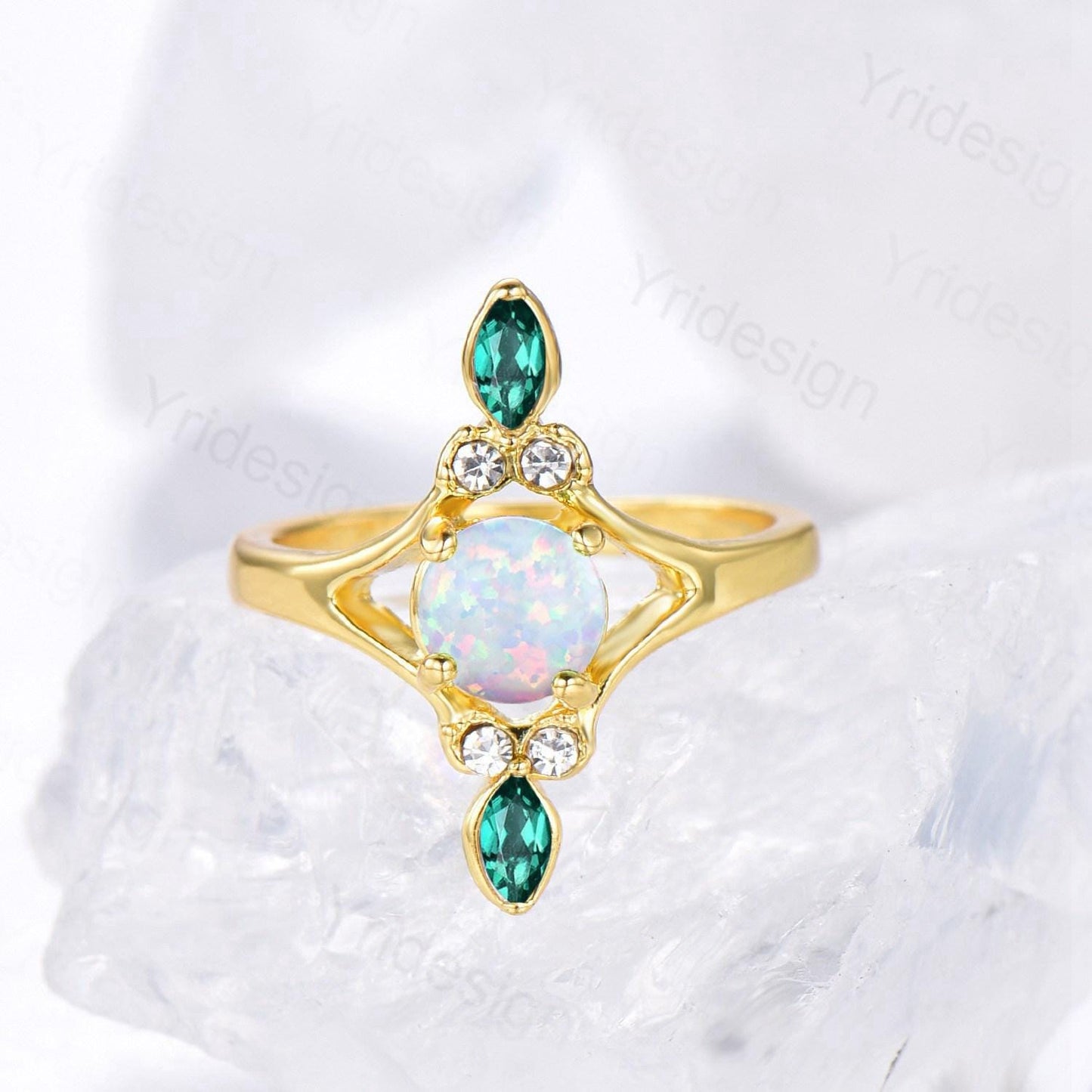 Unique Opal Engagement Ring Vintage White Opal Promise Ring Yellow Gold Marquise Emerald Wedding Bridal Ring Women Handmade Promise Rings - PENFINE