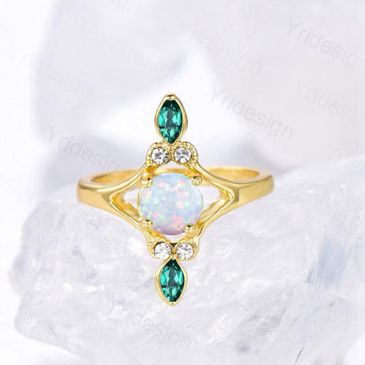 Unique Opal Engagement Ring Vintage White Opal Promise Ring Yellow Gold Marquise Emerald Wedding Bridal Ring Women Handmade Promise Rings - PENFINE