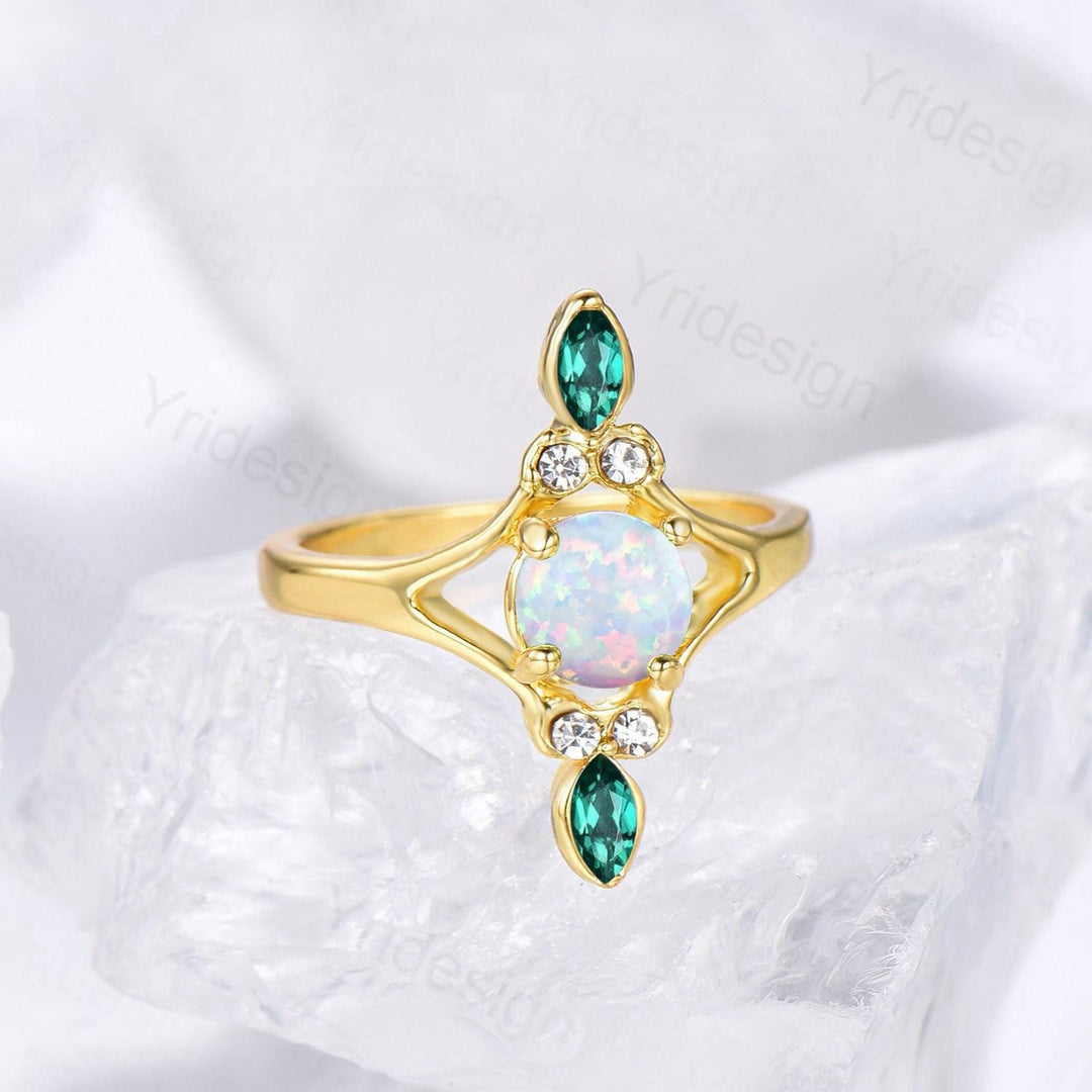 Unique Opal Engagement Ring Vintage White Opal Promise Ring Yellow Gold Marquise Emerald Wedding Bridal Ring Women Handmade Promise Rings - PENFINE