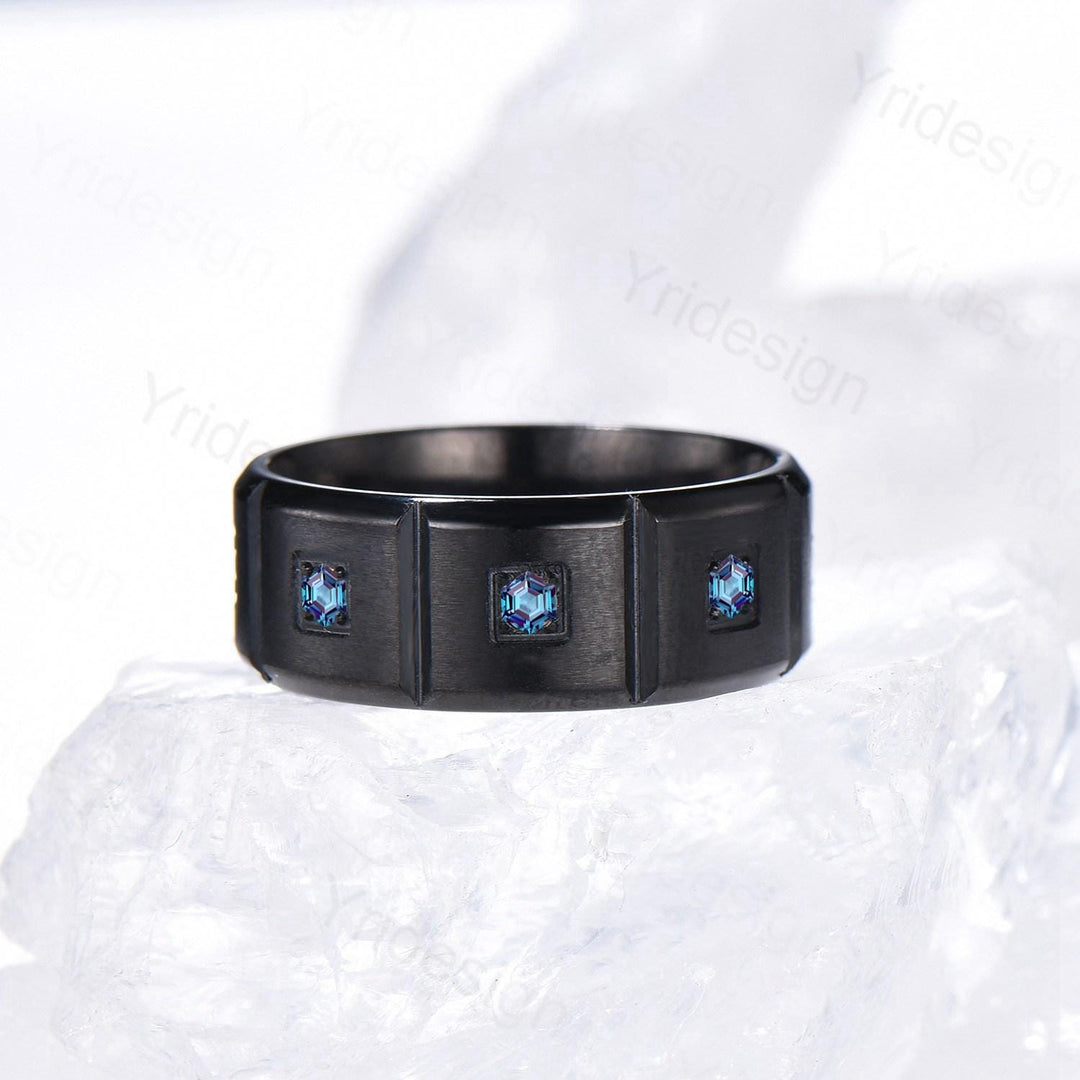 Black Gold Brushed Finish Mens Wedding Band Unisex Frame Hexagon Alexandrite Men's Wedding Ring Anniversary Stacking Matching Band Gift - PENFINE