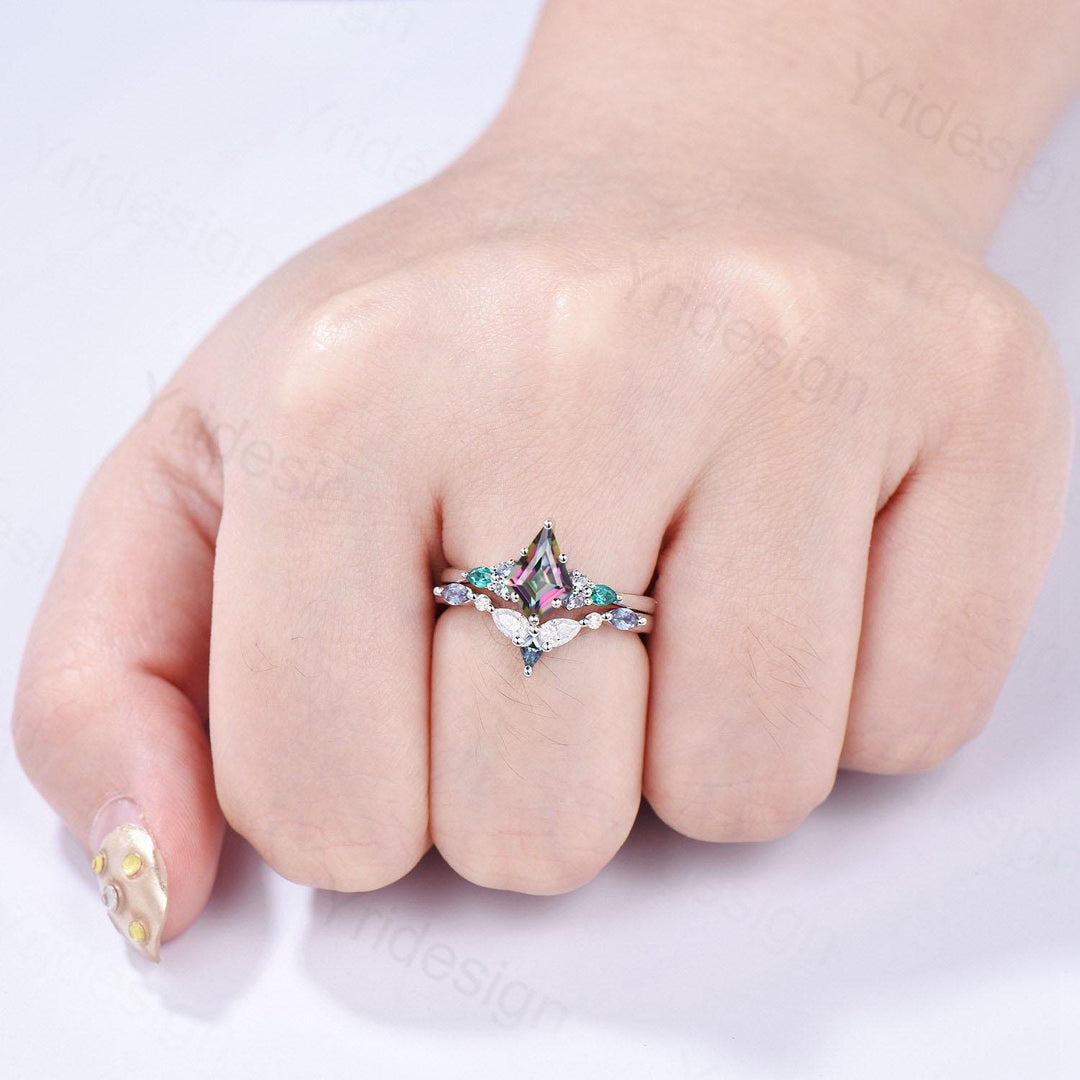 Vintage Rainbow mystic topaz engagement ring set kite cut art deco pear emerald alexandrite wedding ring set for women Art deco bridal set - PENFINE