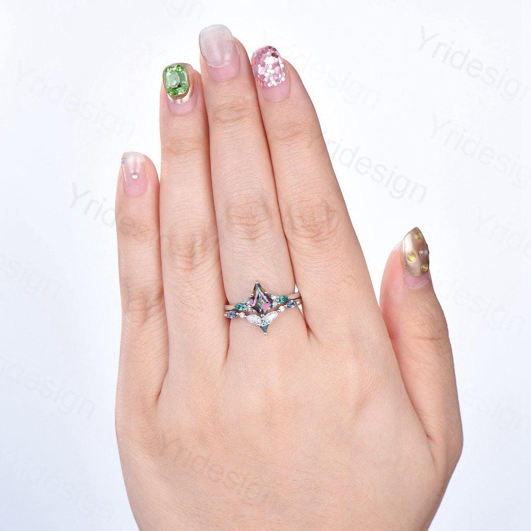 Vintage Rainbow mystic topaz engagement ring set kite cut art deco pear emerald alexandrite wedding ring set for women Art deco bridal set - PENFINE