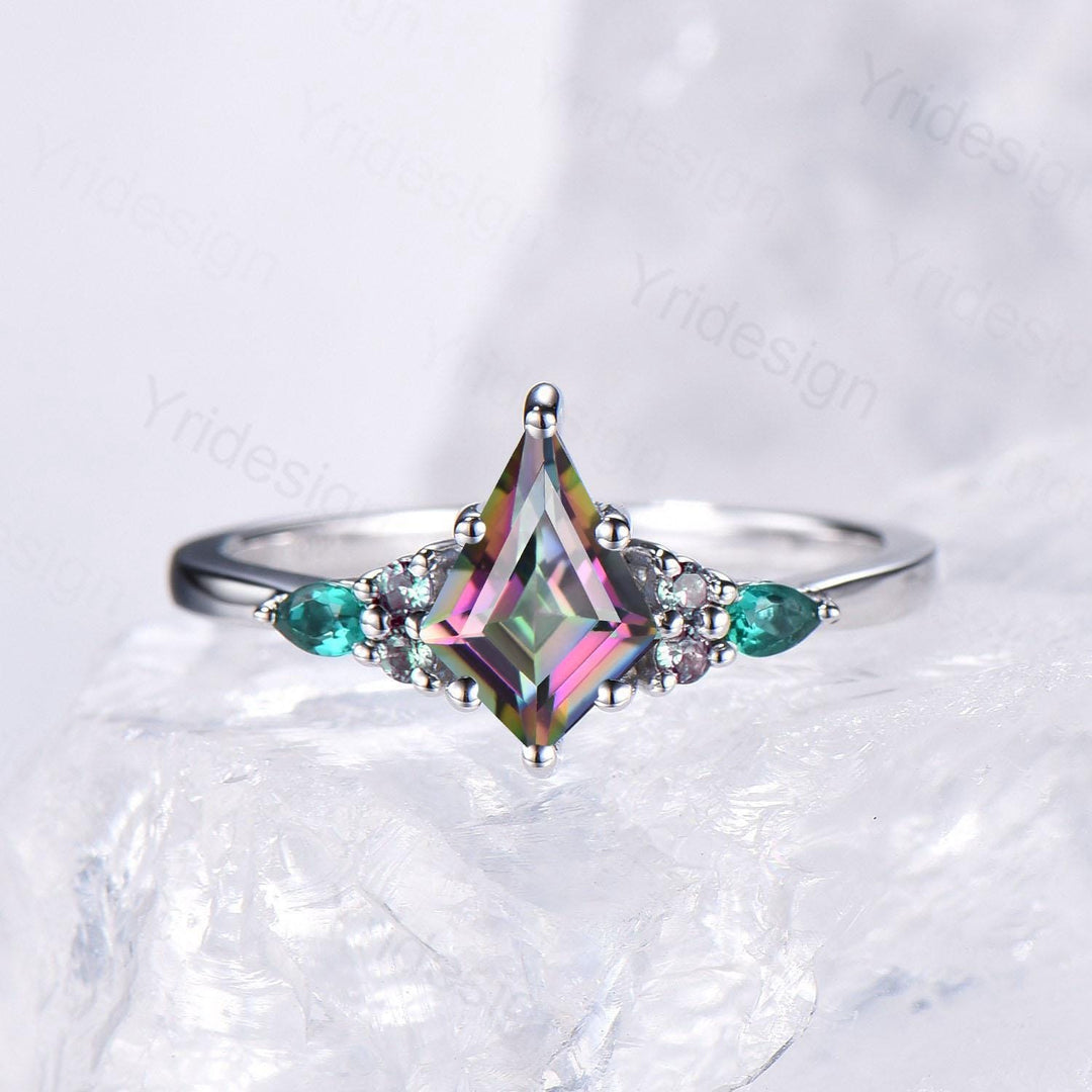 Vintage Rainbow mystic topaz engagement ring set kite cut art deco pear emerald alexandrite wedding ring set for women Art deco bridal set - PENFINE